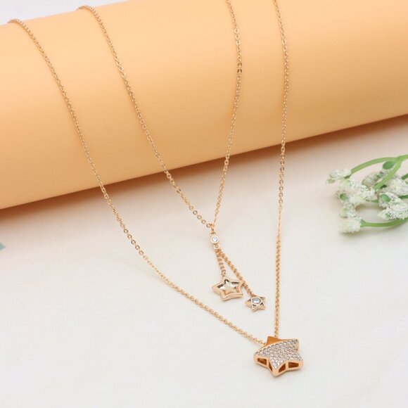 Rose Gold Double Layer Star Charm Necklace – Elegant & Stylish, XPNL0394 - Picture 1 of 12